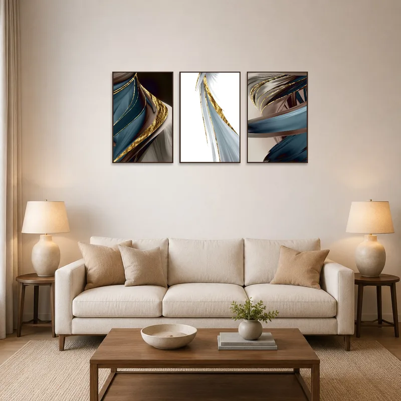 Triptych with gold accents hanging above a modern sofa in the living room.