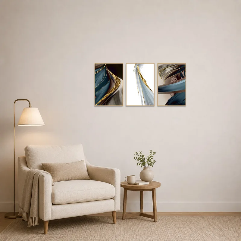 Sophisticated triptych with gold detail in a cozy reading corner.