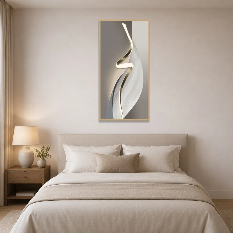 Bedroom wall enhanced by an abstract art piece with light forms.