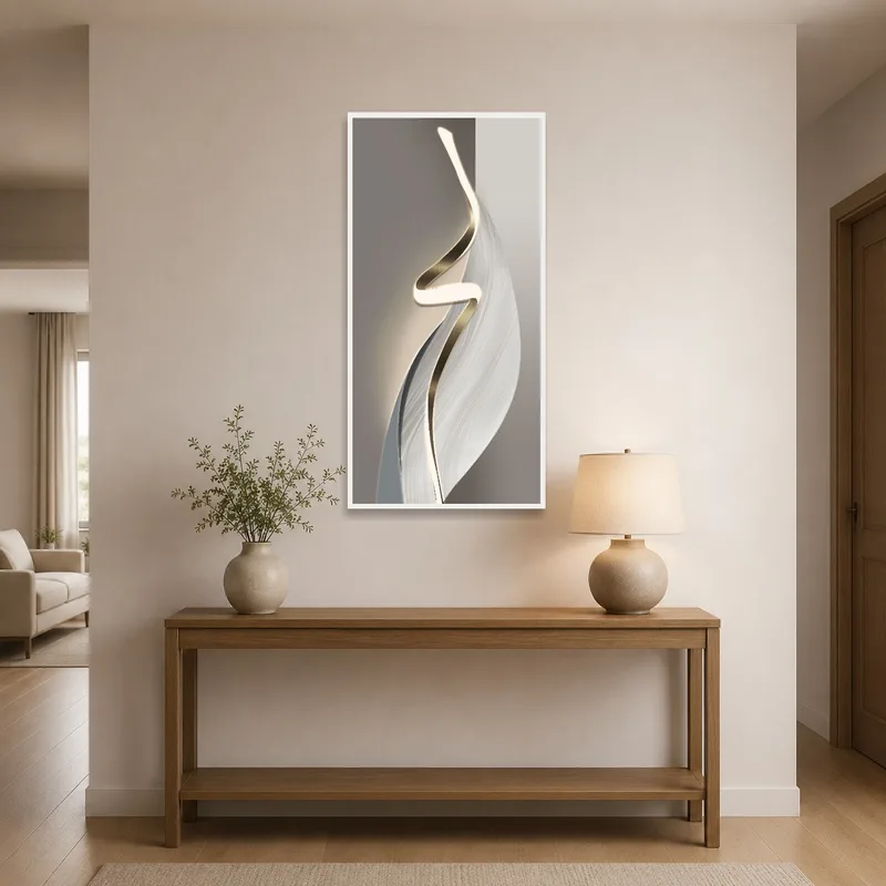 Entrance hall features a striking abstract vertical wall art.