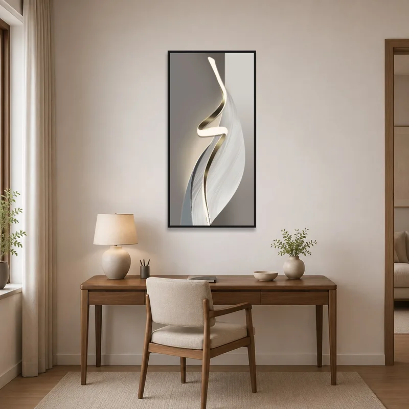 Home office uplifted by a vertical abstract art with soft light forms.