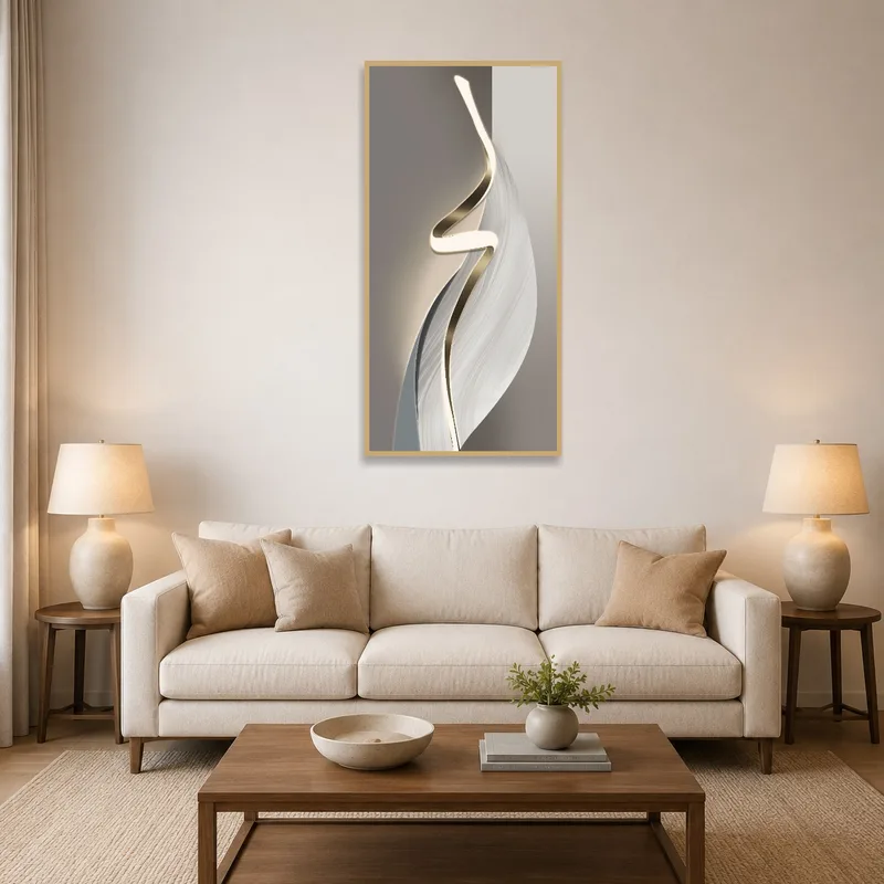 Abstract vertical art adds sophistication to a living room wall.