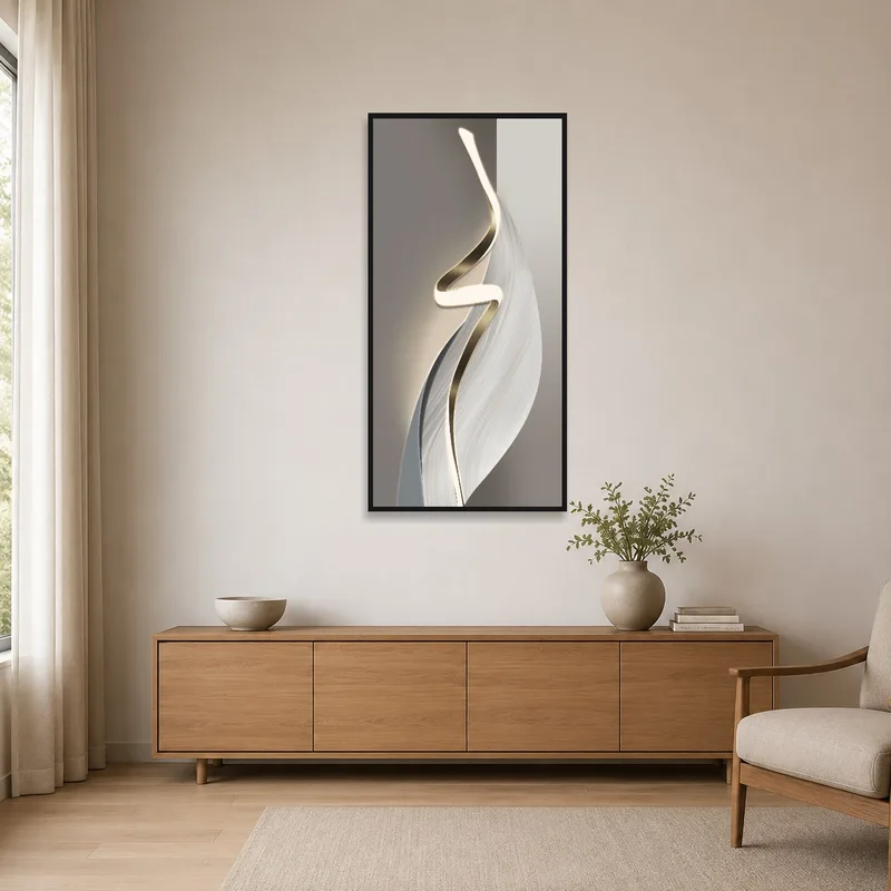 Minimalist room accented by a vertical light form abstract piece.