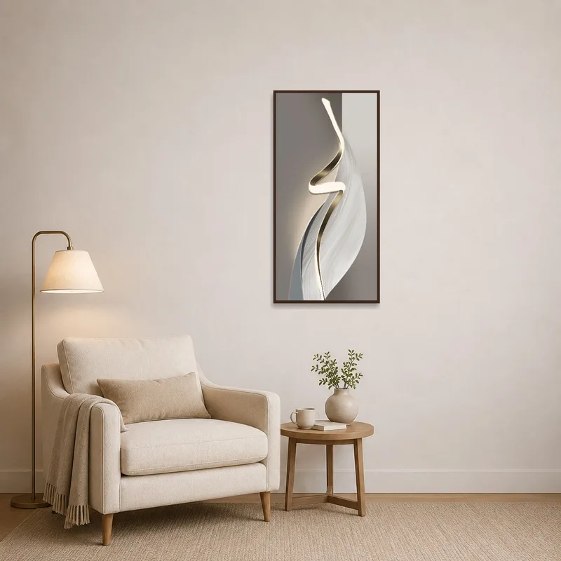Reading corner illuminated by elegant vertical abstract artwork.