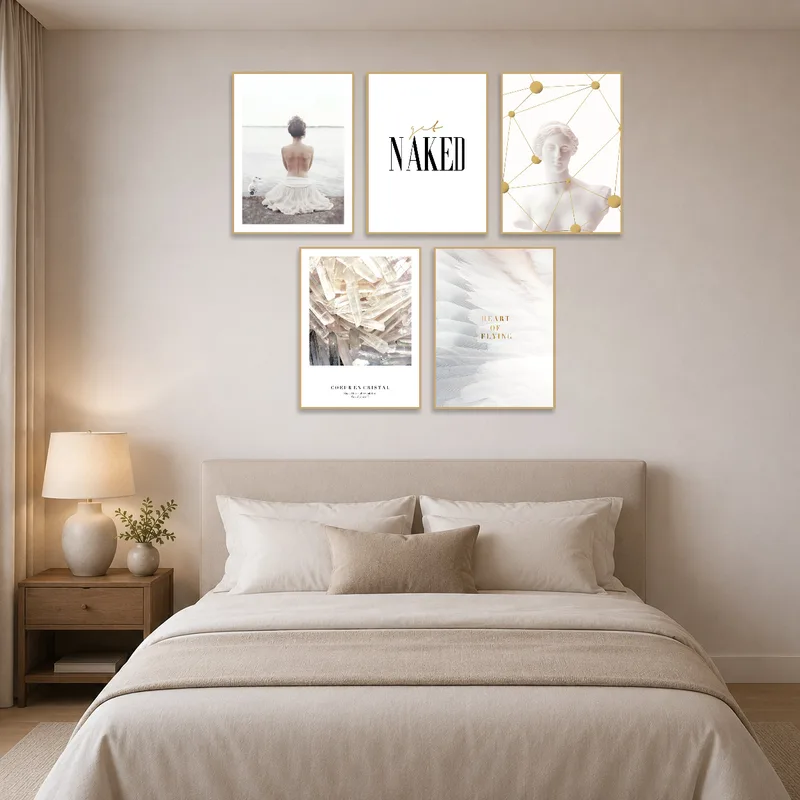 Artistic wall art set providing a calming vibe in a bedroom.