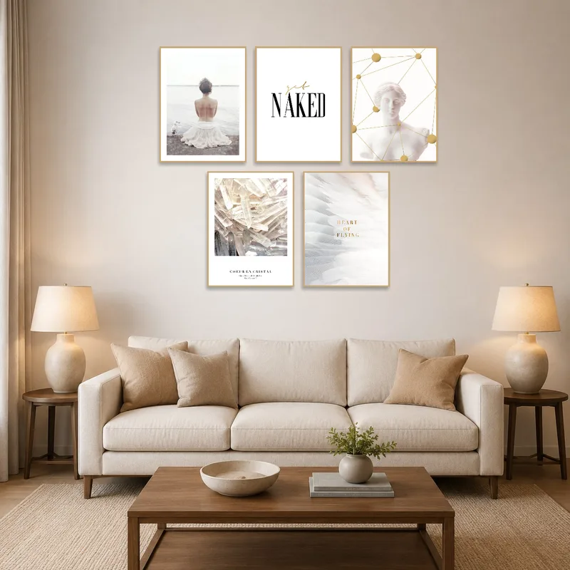 Serene wall art set showcased above a sofa in a cozy living-room.