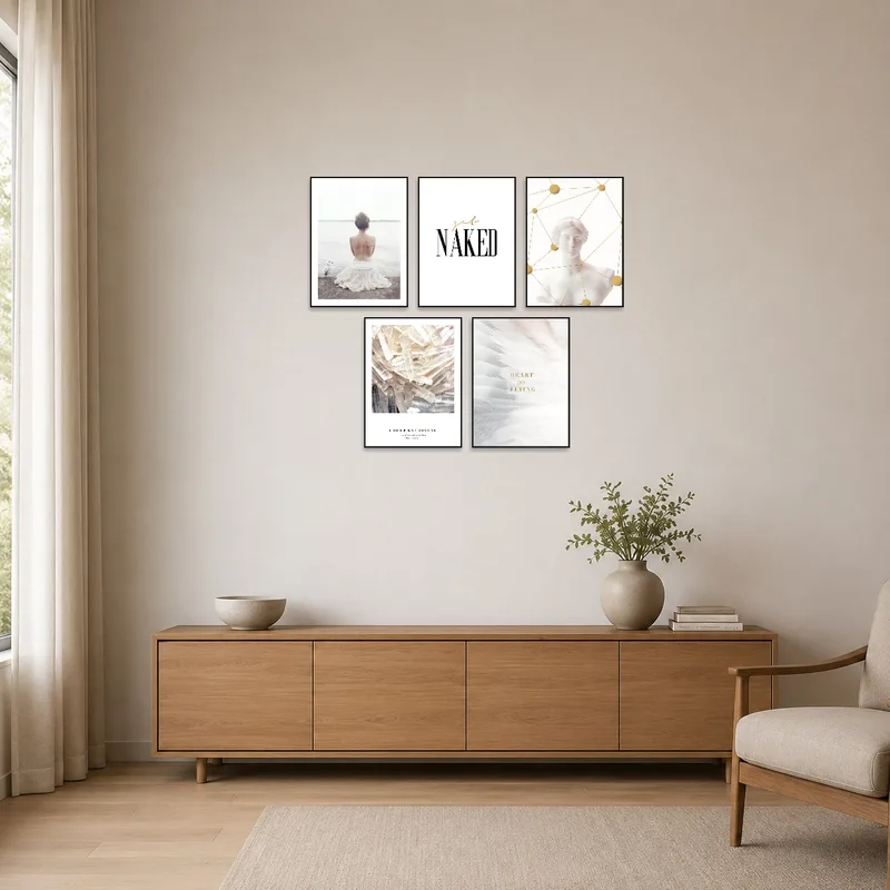 Artistic wall art set displayed on a clean wall in a minimalist setting.