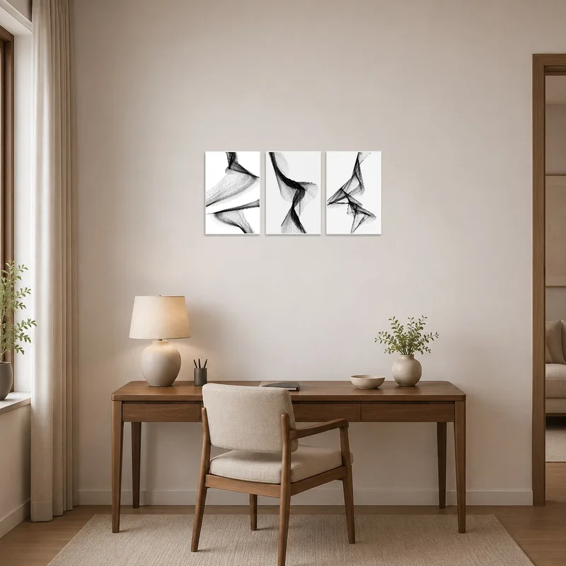 Abstract triptych enhancing a chic home office.