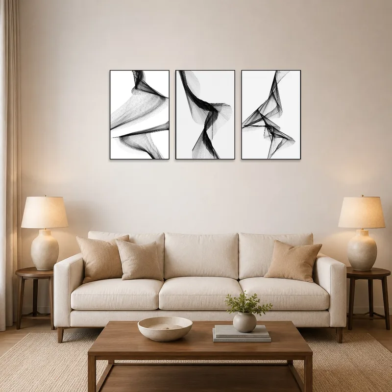 Black and white triptych displayed above a modern living room sofa.