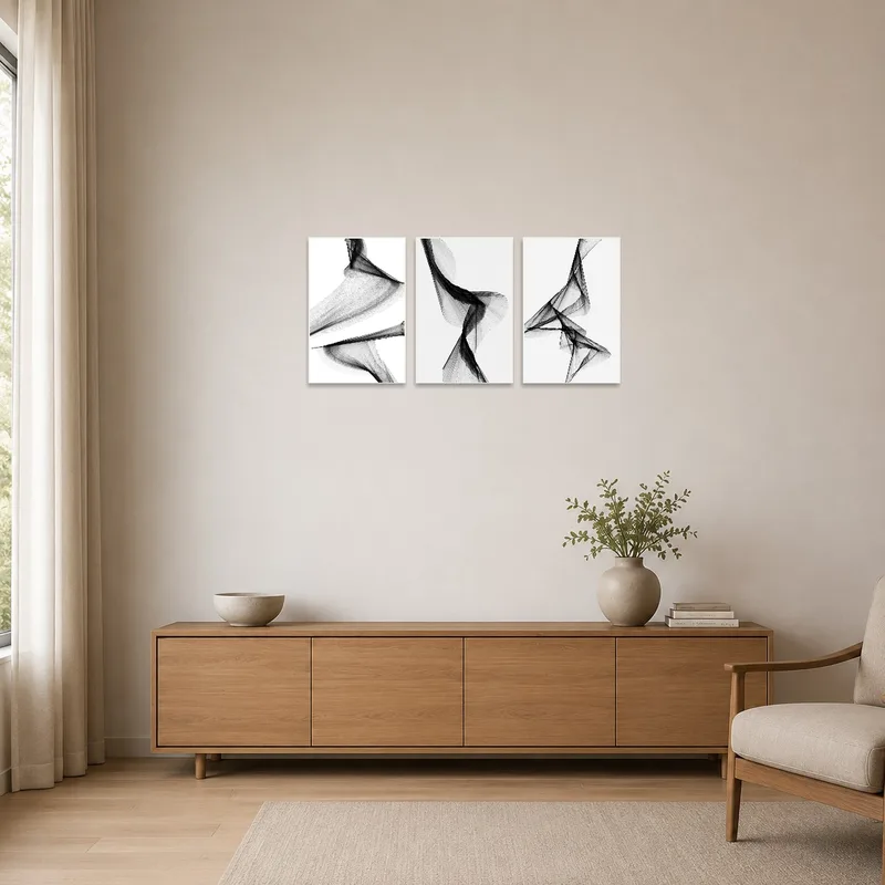 Elegant abstract triptych on a minimalist white wall.
