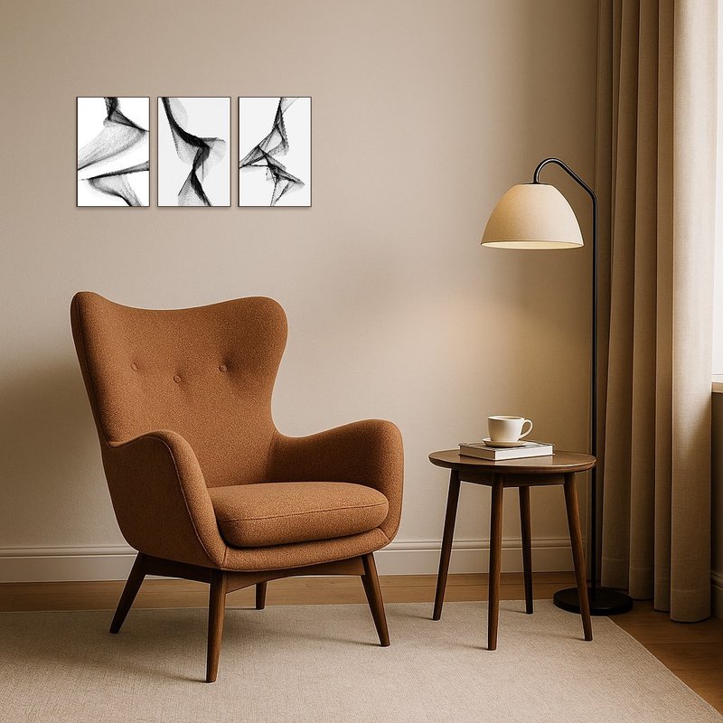 Monochrome flow triptych set adds a calming touch to a serene reading corner.