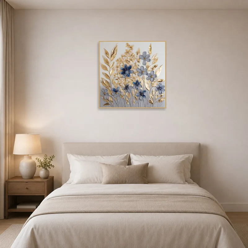 Botanical design in blue and gold hanging above a bed.