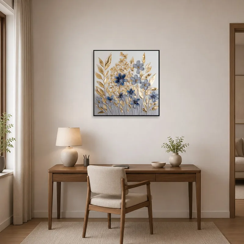 Blue and gold botanical art in a modern home office space.