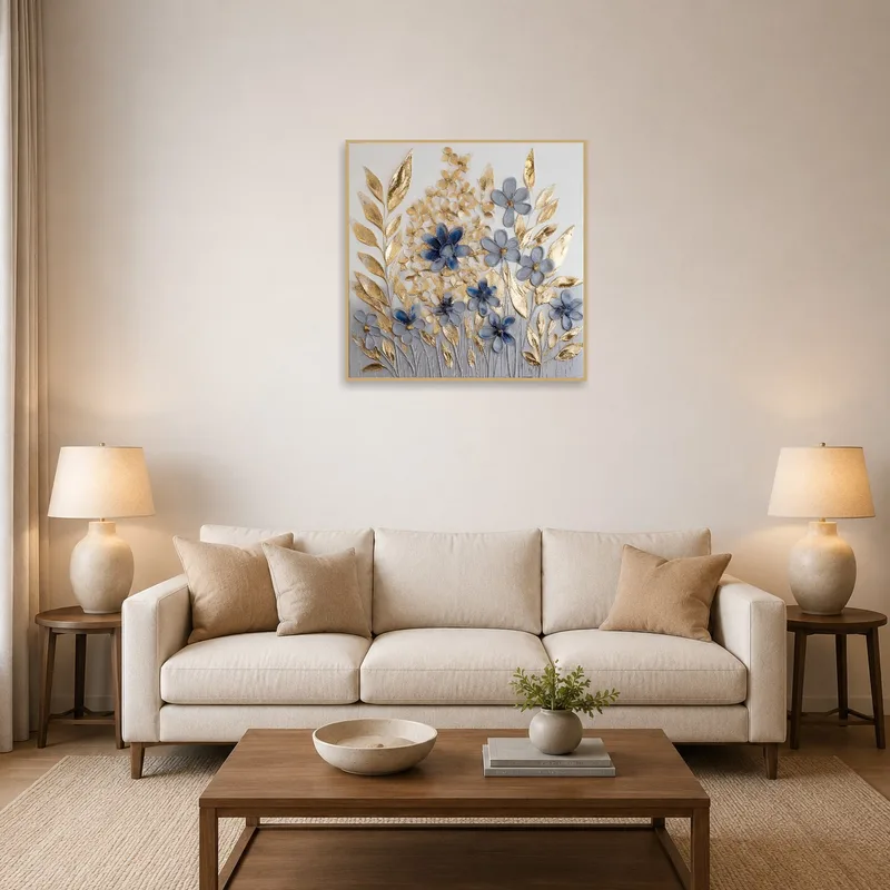Elegant blue and gold botanical art above a chic sofa.
