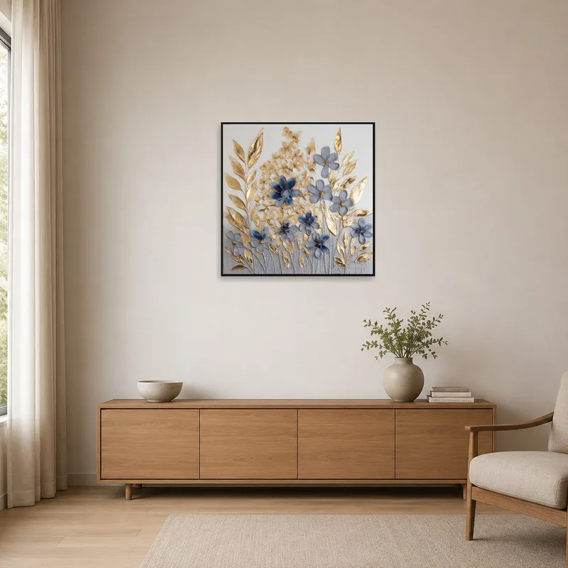 Simple blue and gold botanical piece in a minimalist room.