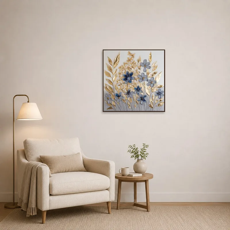 Blue and gold botanical print beside a comfy reading chair.