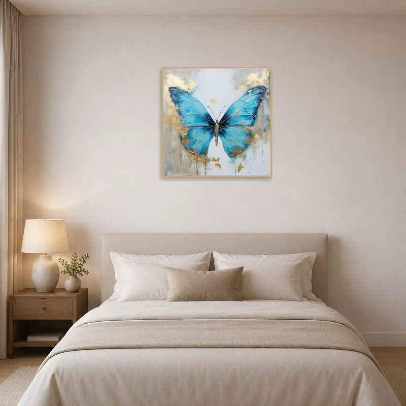 Blue butterfly and gold art piece hung above a plush bed in a serene bedroom.