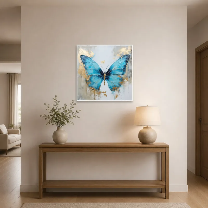 Elegant blue butterfly with gold detailing displayed by an entrance hall with a console table.