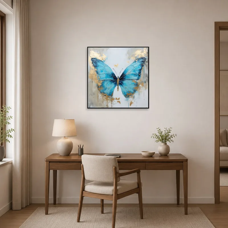Butterfly art with gold highlights brightens up a tidy home office space.