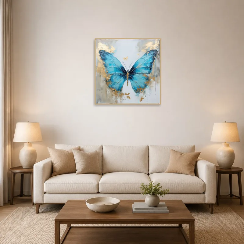 A large blue butterfly with gold accents displayed above a modern living-room sofa.