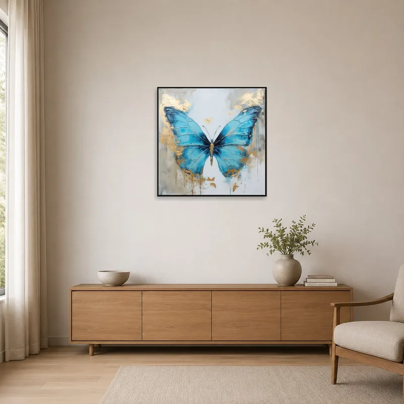 Blue butterfly with gold accents showcased in a simple, minimalist room.