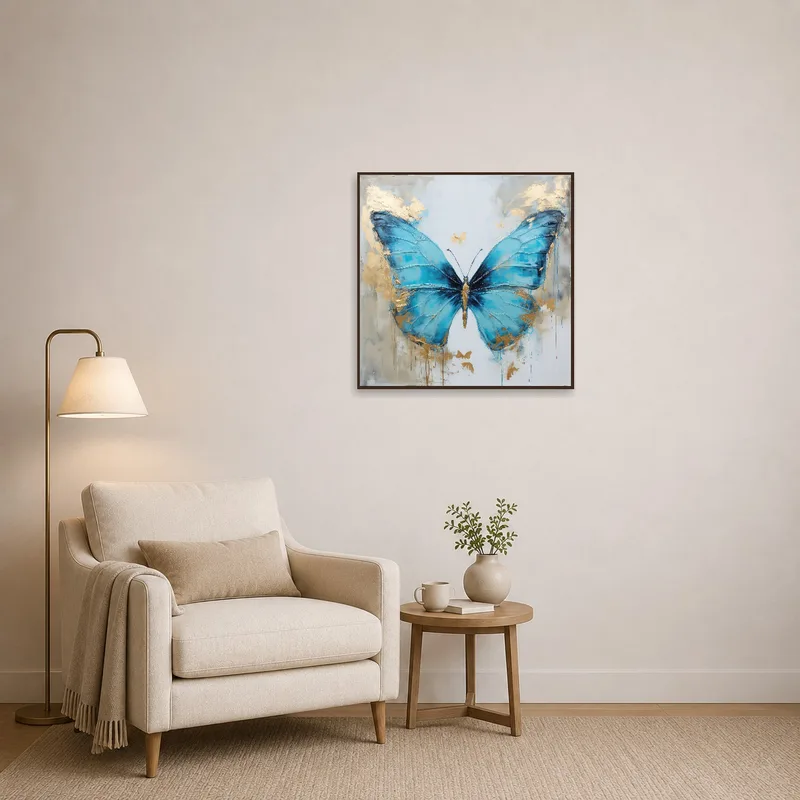 Blue butterfly artwork with hints of gold enhancing a cozy reading corner.