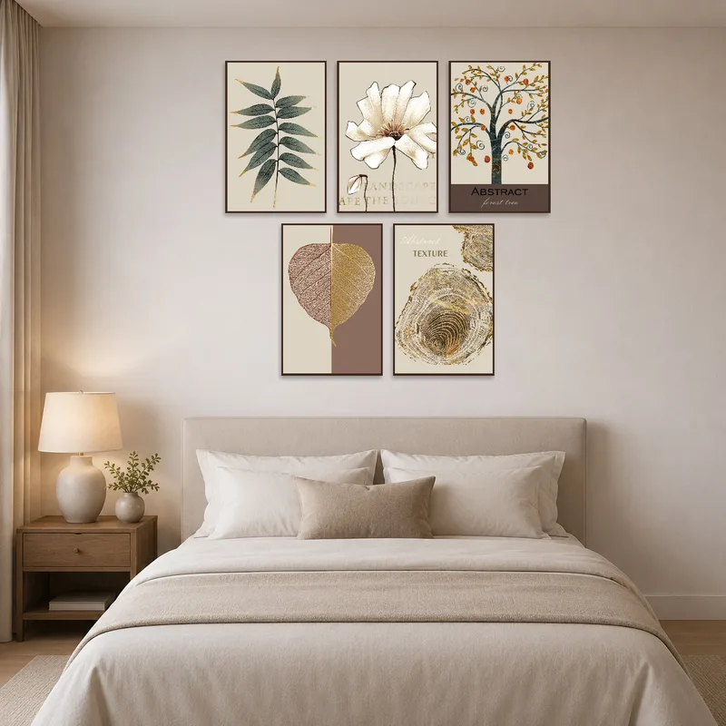 Botanical and abstract textures complement a serene bedroom vibe.