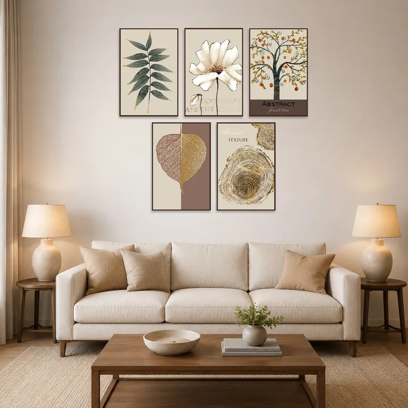 Botanical and abstract textures art on a living room wall with cozy couches.