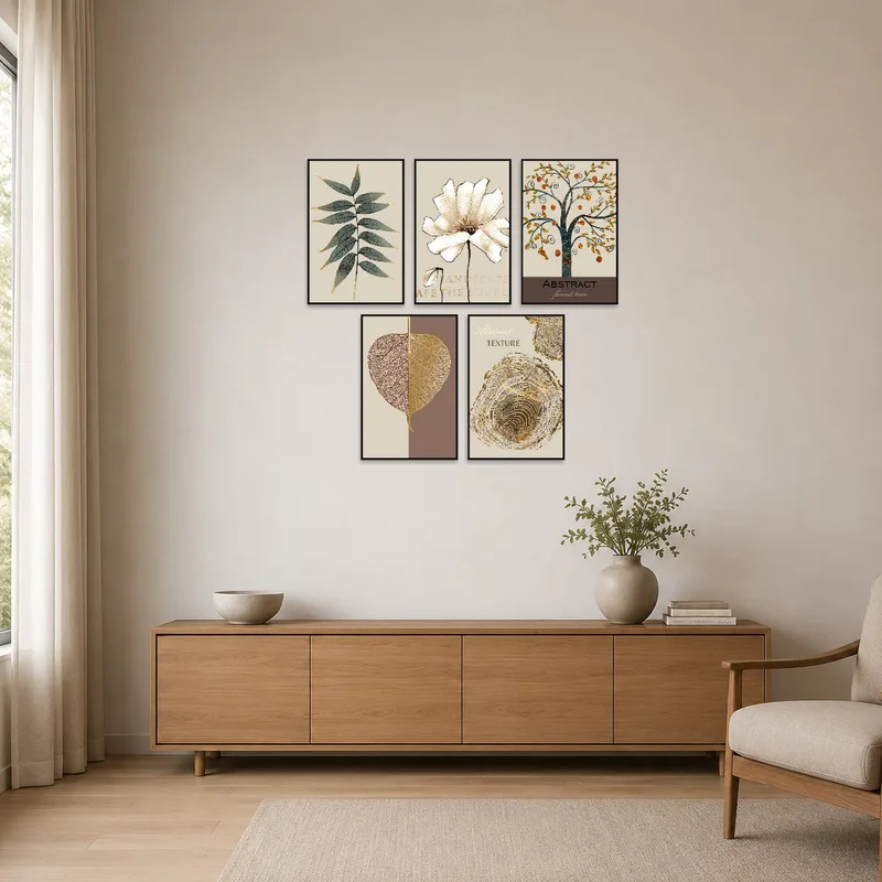 Botanical and abstract textures standout in a minimalist room setting.