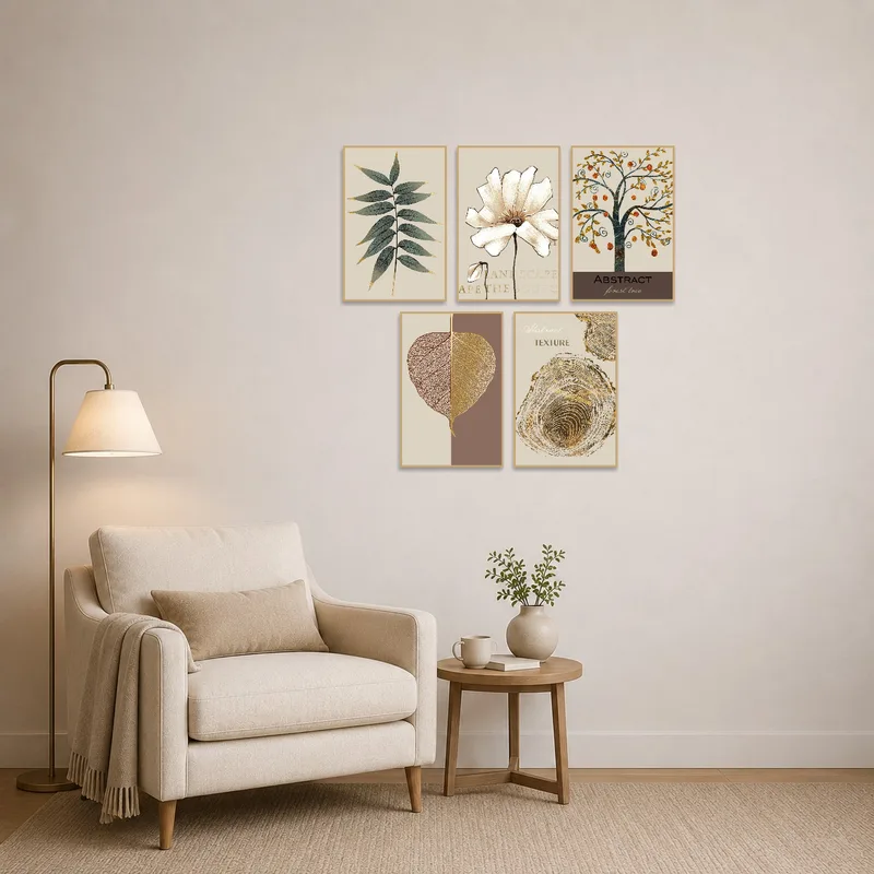Botanical and abstract art enriches a cozy reading corner.