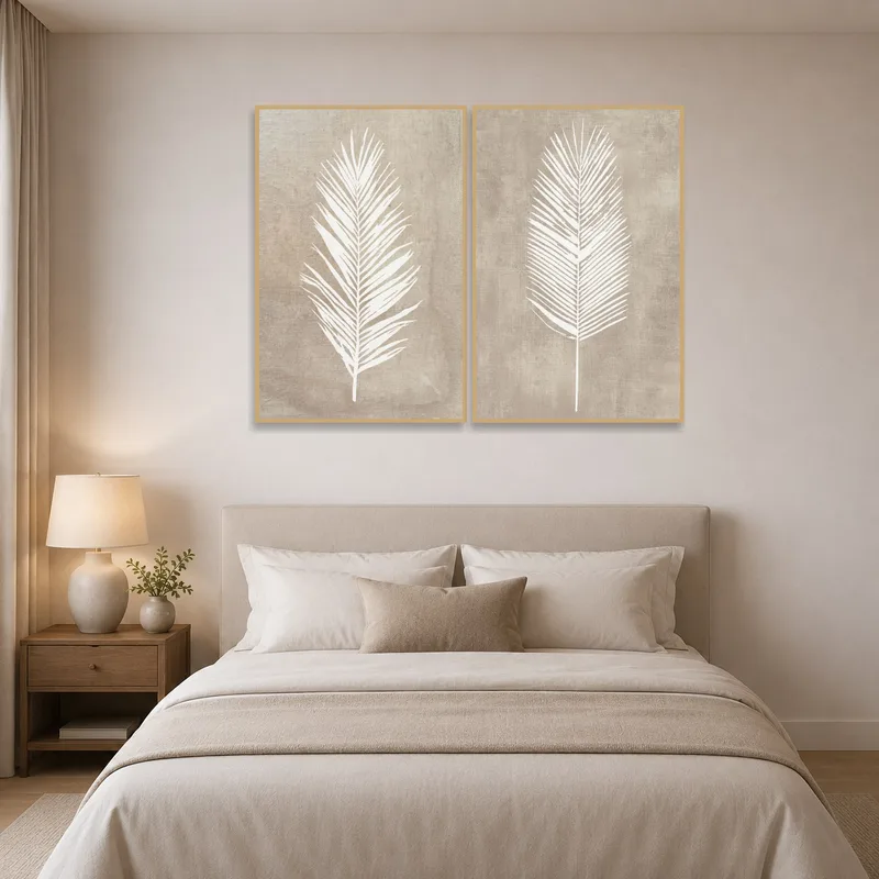 Leaf art set creates a calming atmosphere in the bedroom.