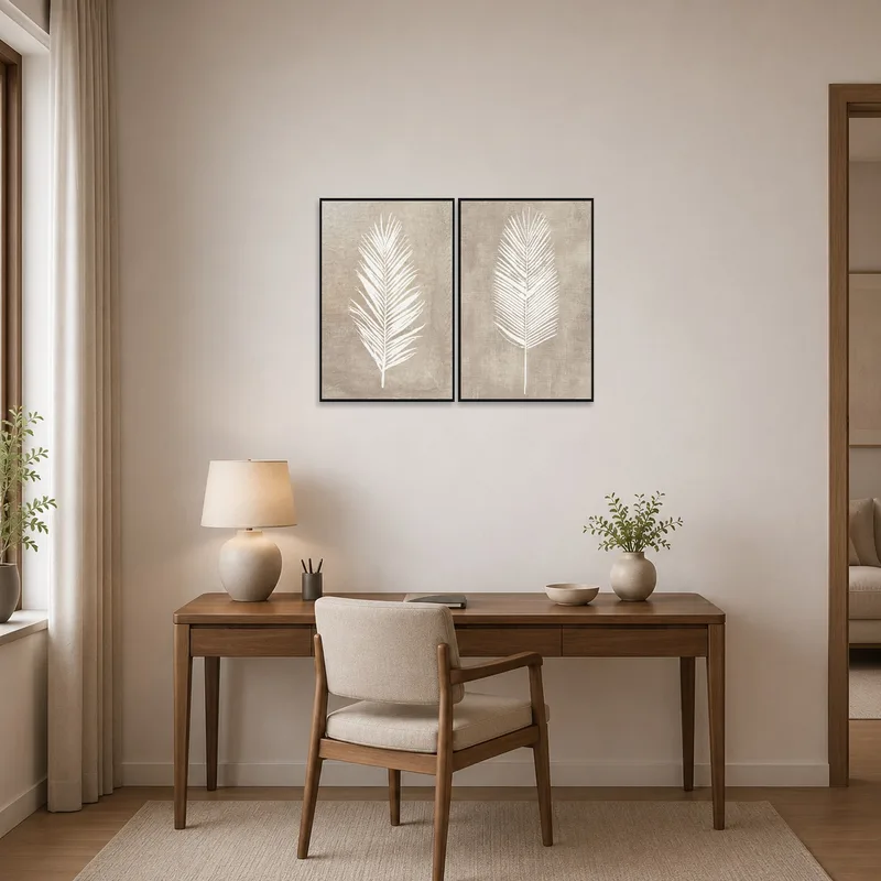 Stylish leaf art offers a refreshing vibe to the home office wall.