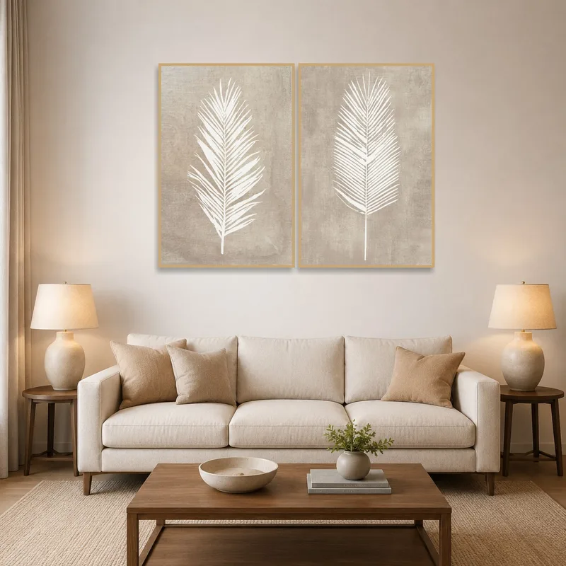 A botanical leaf art set adds a natural touch to the living room wall.