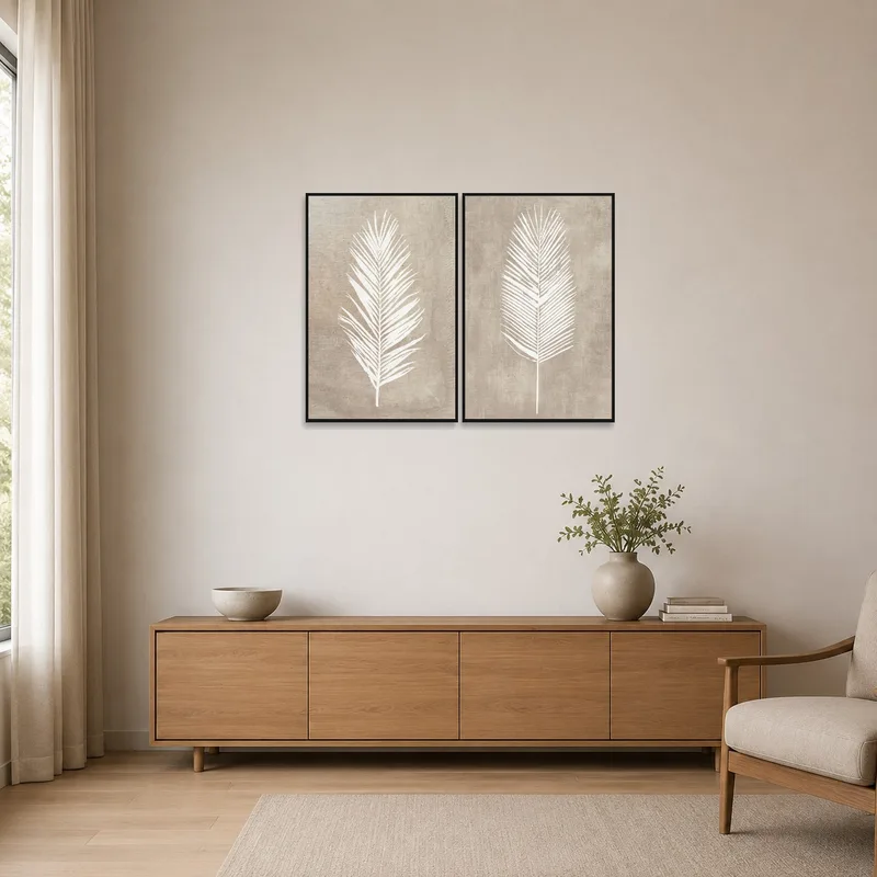 Leaf art print complements the minimalist room's simple aesthetic.