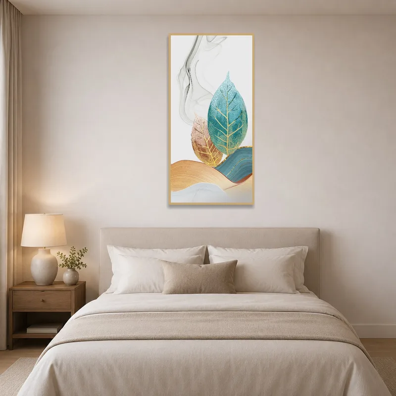 Elegant leaf composition adding tranquility to a bedroom.