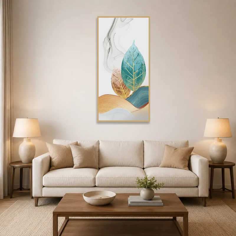 Botanical leaf art enhancing a chic living room ambiance.