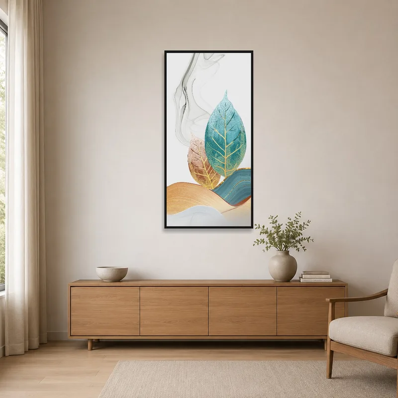 Simple leaf artwork accentuating minimalist room decor.