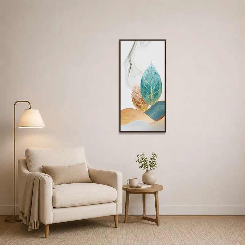 Leaf-themed art complementing a cozy reading corner.