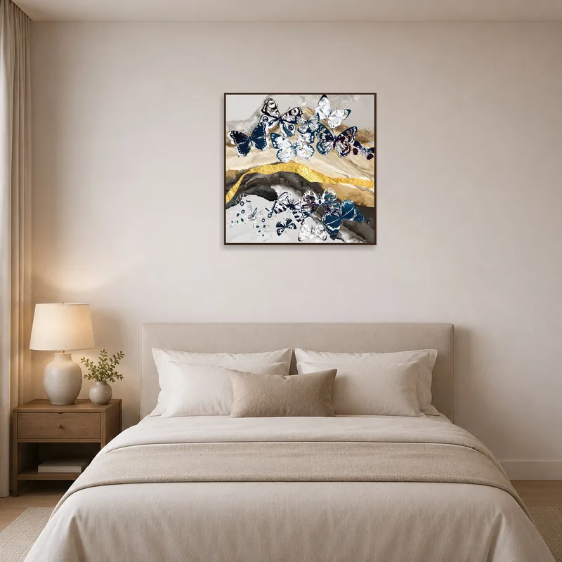 Bedroom with a calming butterfly collage against textured gold.