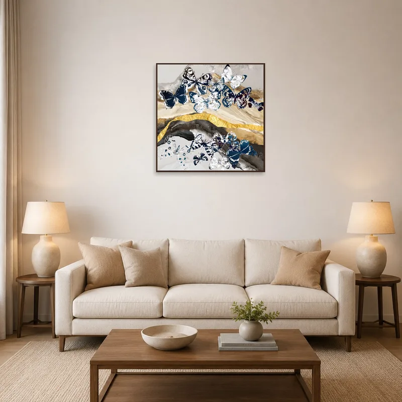 Butterfly collage hangs on textured gold wall in elegant living room.