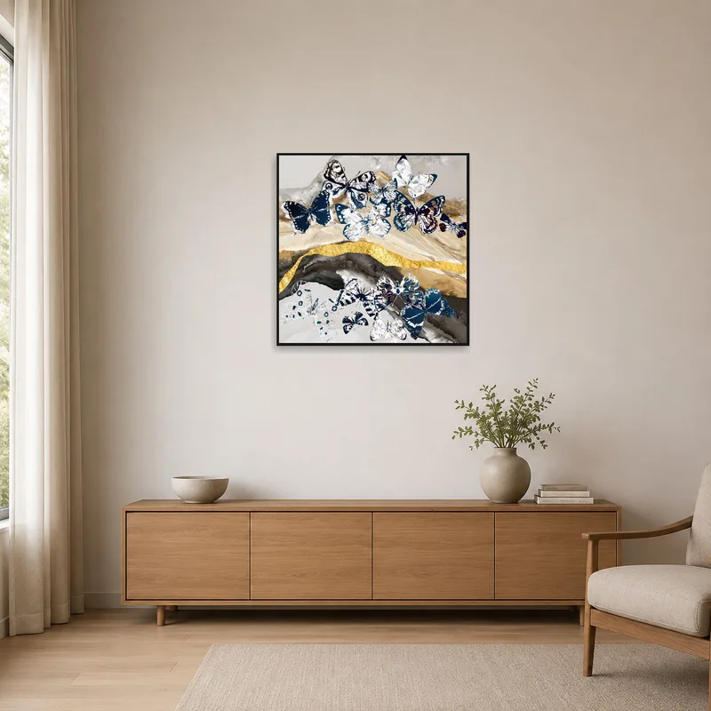 Minimalist room featuring a butterfly collage on gold backdrop.