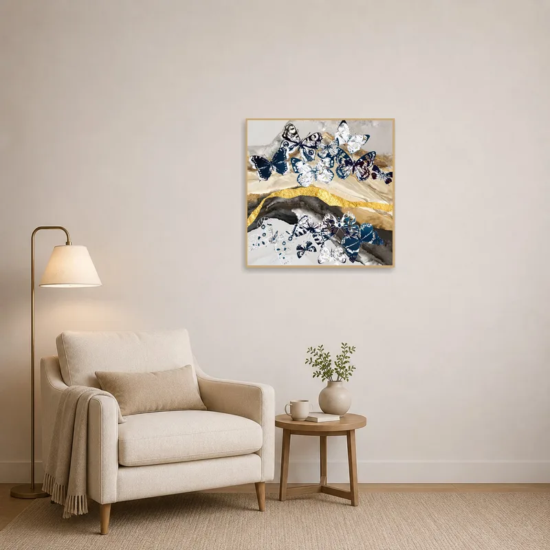 Reading corner showcasing an elegant butterfly collage on gold.