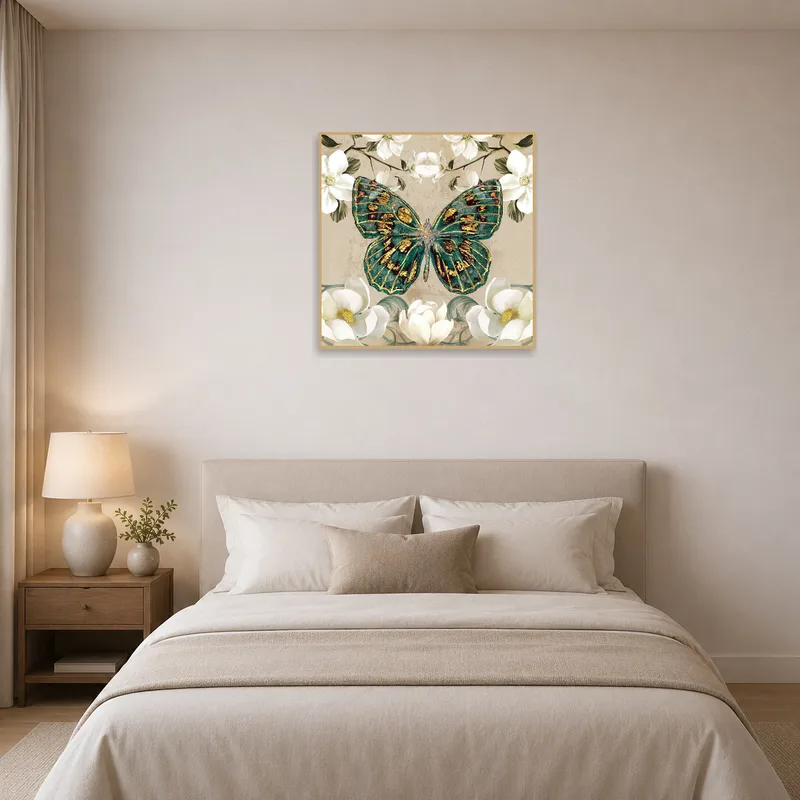 Romantic butterfly floral print brings tranquility to a softly lit bedroom.