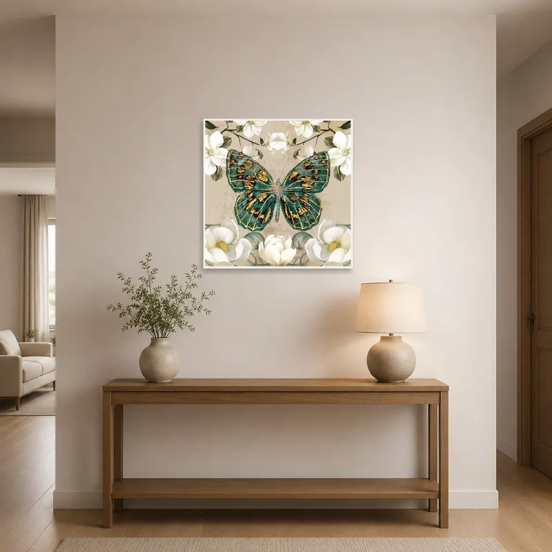 The butterfly and floral art welcomes guests in a bright, stylish entrance hall.