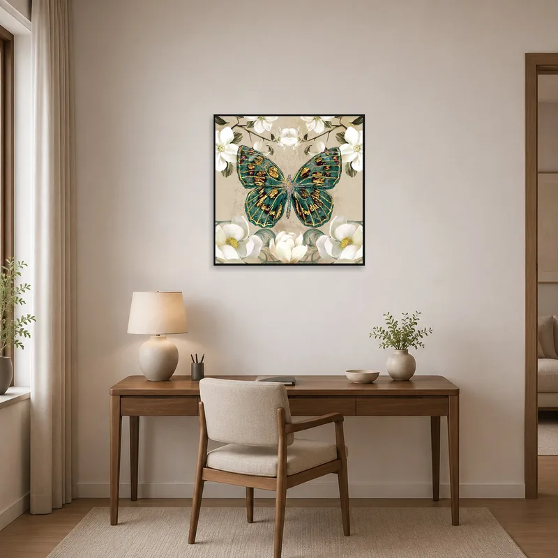 Butterfly floral art print adds inspiration to a tidy, organized home office.