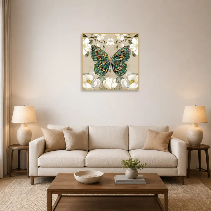 Butterfly floral art print adds elegance to a cozy living room setting with warm lighting.