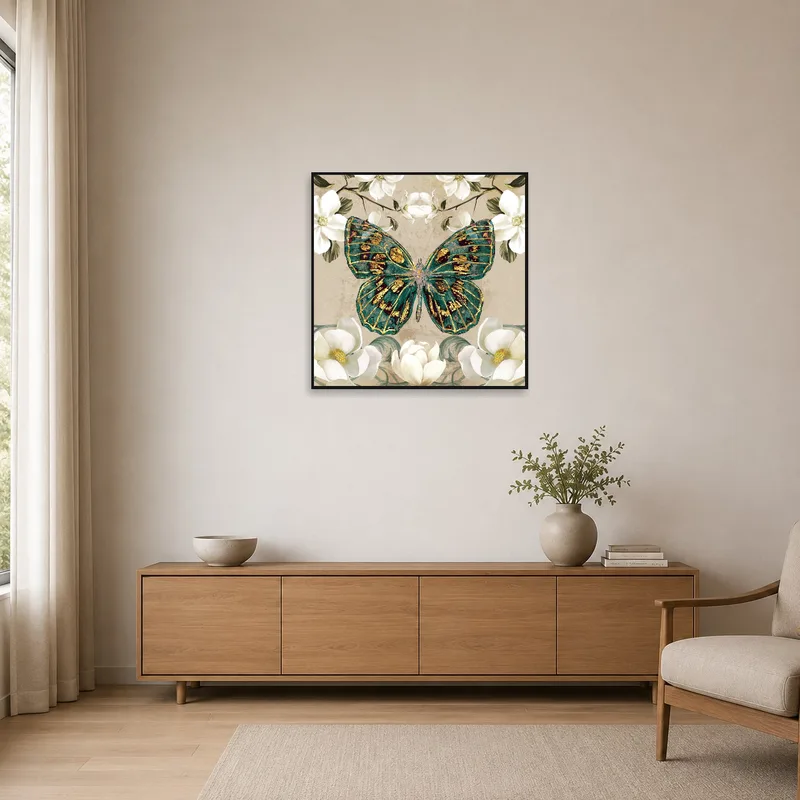 A butterfly art print enhances the minimalist room with a hint of delicate nature.