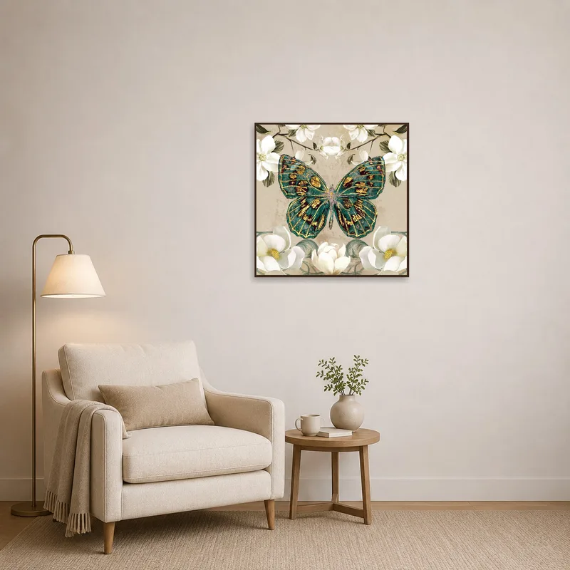 Butterfly floral art print creates a serene vibe in a cozy reading corner.