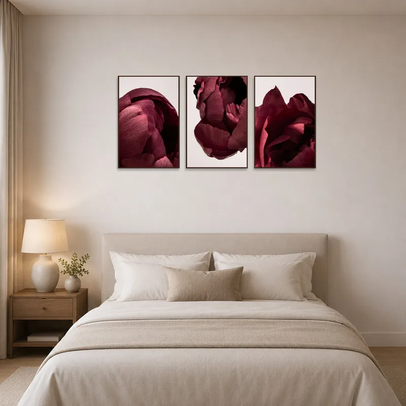 Elegant deep red flower set adding warmth to a bedroom ambience above the bed.
