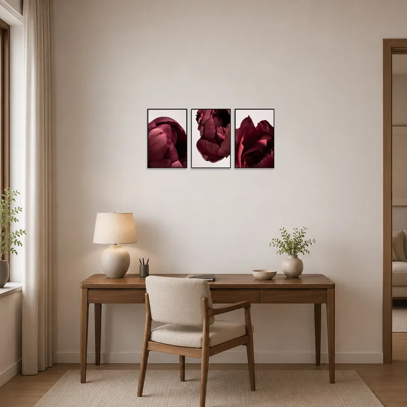 Triptych set with deep red flowers inspiring a home office space with a desk and chair.